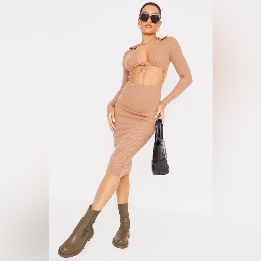 Camel Long Sleeve Midaxi Dress